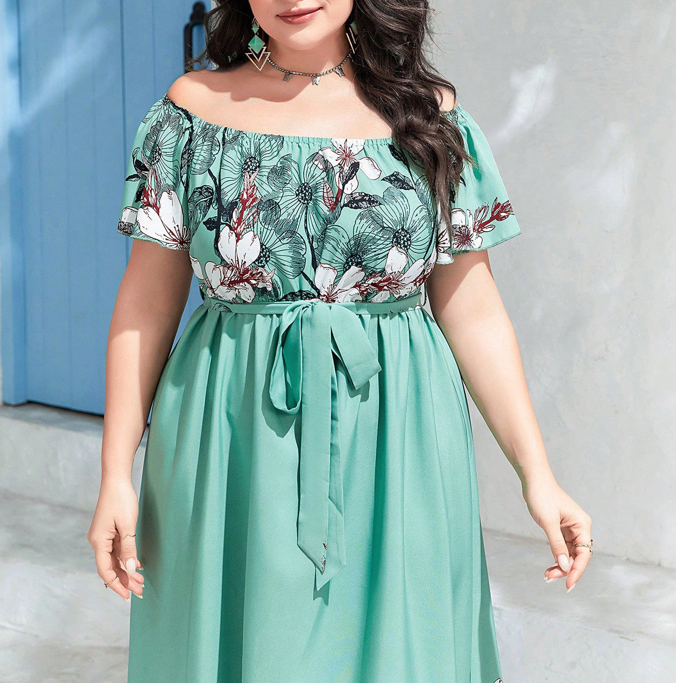 Off Shoulder Slim Waist Print A-Line Plus Size Elegant Chic Holidays Long Dress 7