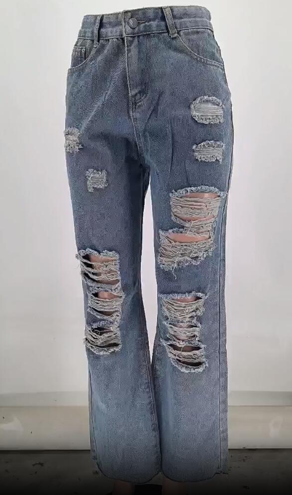 Women Pocket Ripped Straight Washed Denim Pants 7