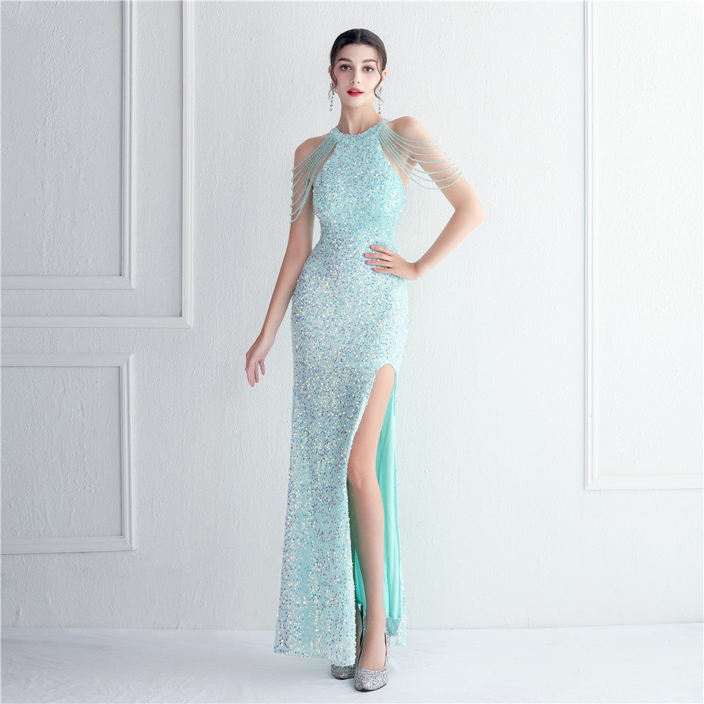 Beading Formal Party Chic Elegant Long Halter Neck Split Sequins Evening Dress 14
