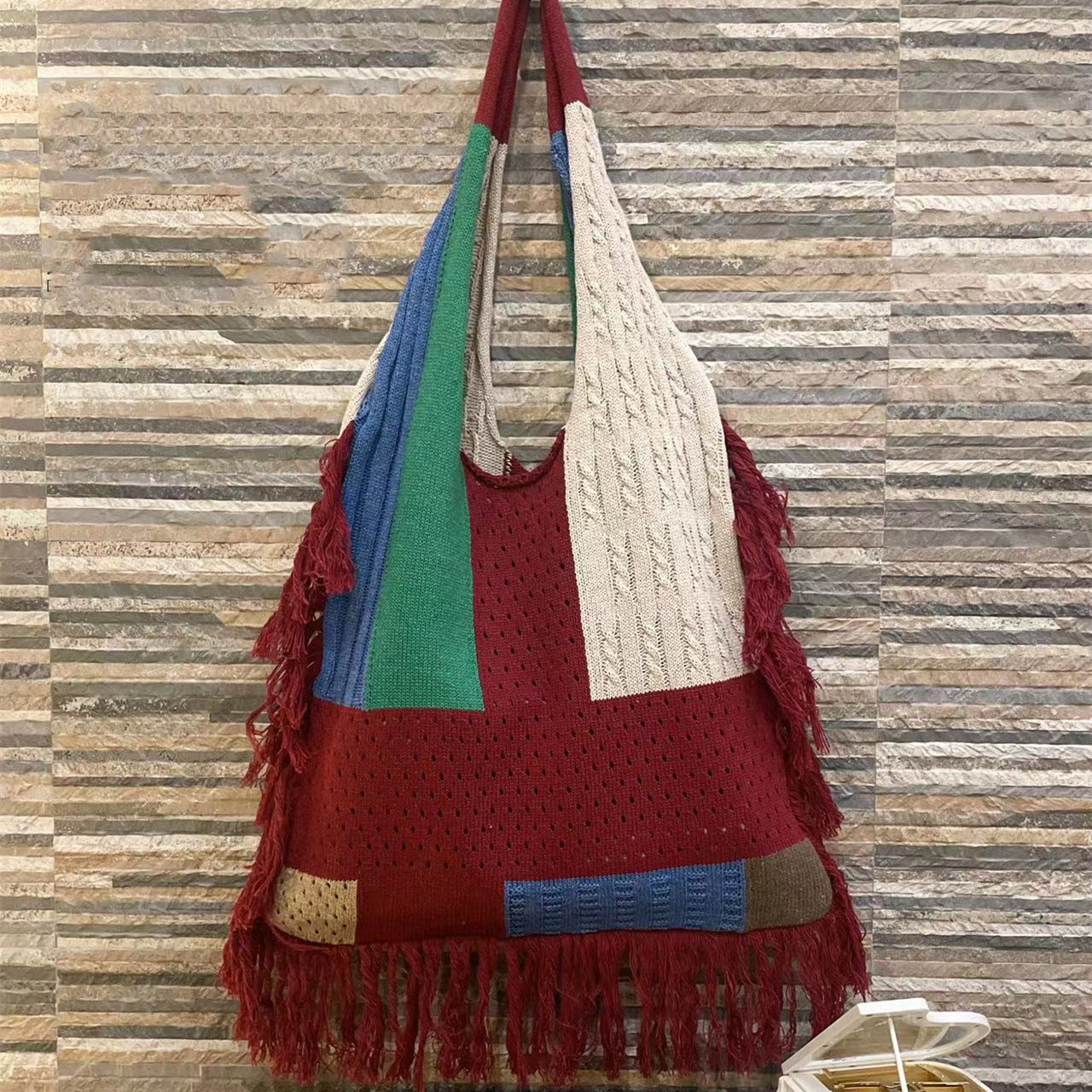 Fringed Women Patchwork Knitting Handbag Single Shoulder Bag Retro Knitting Bag 3