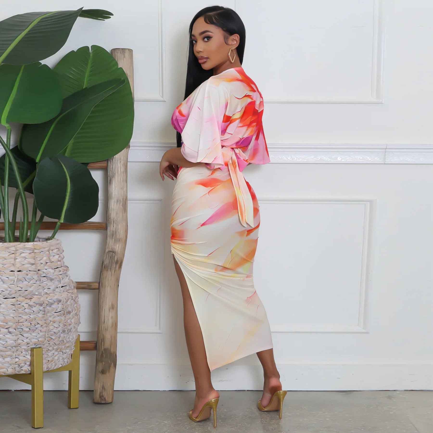 Summer Sexy Printed V Neck Top Side Slit Long Skirt Two Piece Set 42