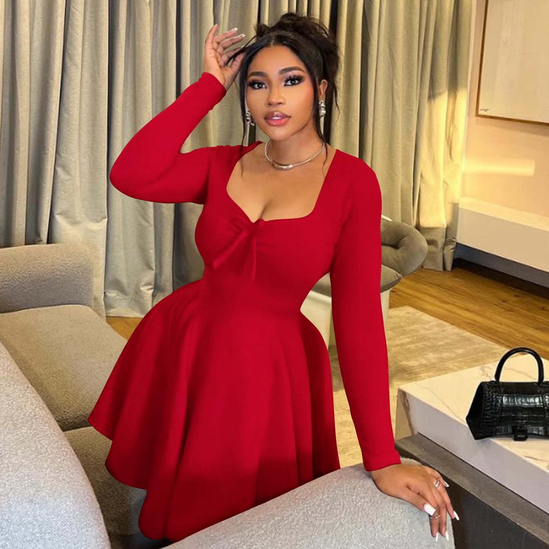 Summer Plus Size Women's Sexy Slim Waist Long Sleeve Dress