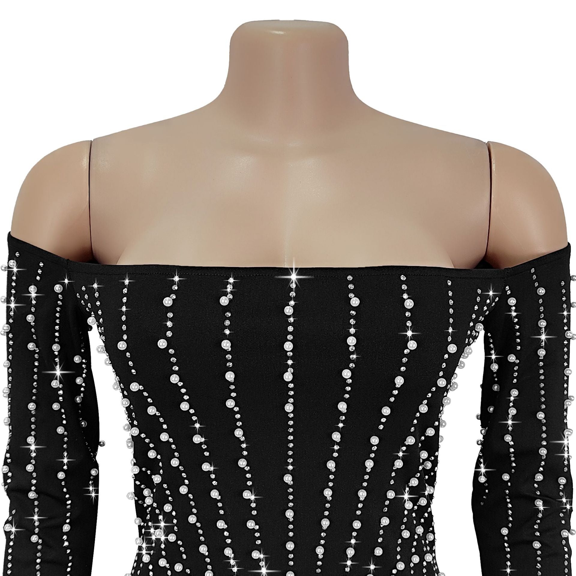 Fashion Women's Elegant Long-Sleeve Off Shoulder Rhinestone Bodycon Dress 9