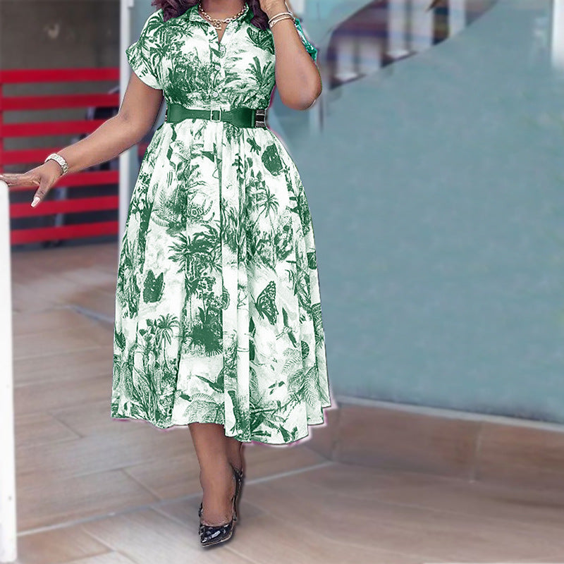 Plus Size Women Printed Stand Collar Belted Dress 17