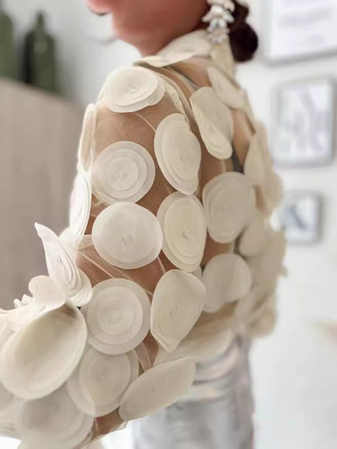 See-Through Mesh Embroidered Long Sleeve Shirt