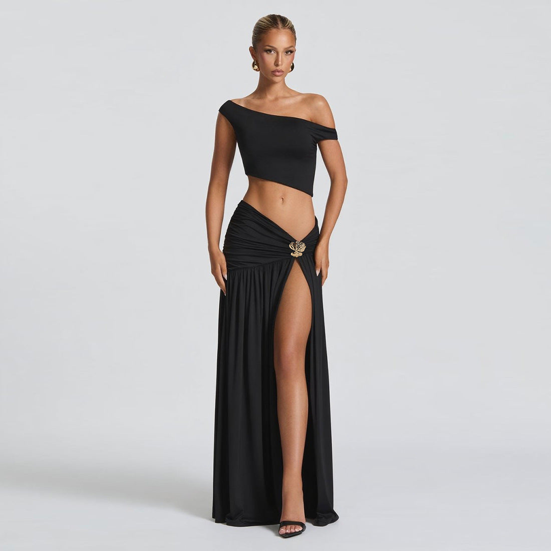 Summer Women's Sexy Slash Shoulder Crop Top Side Slit Skirt Set
