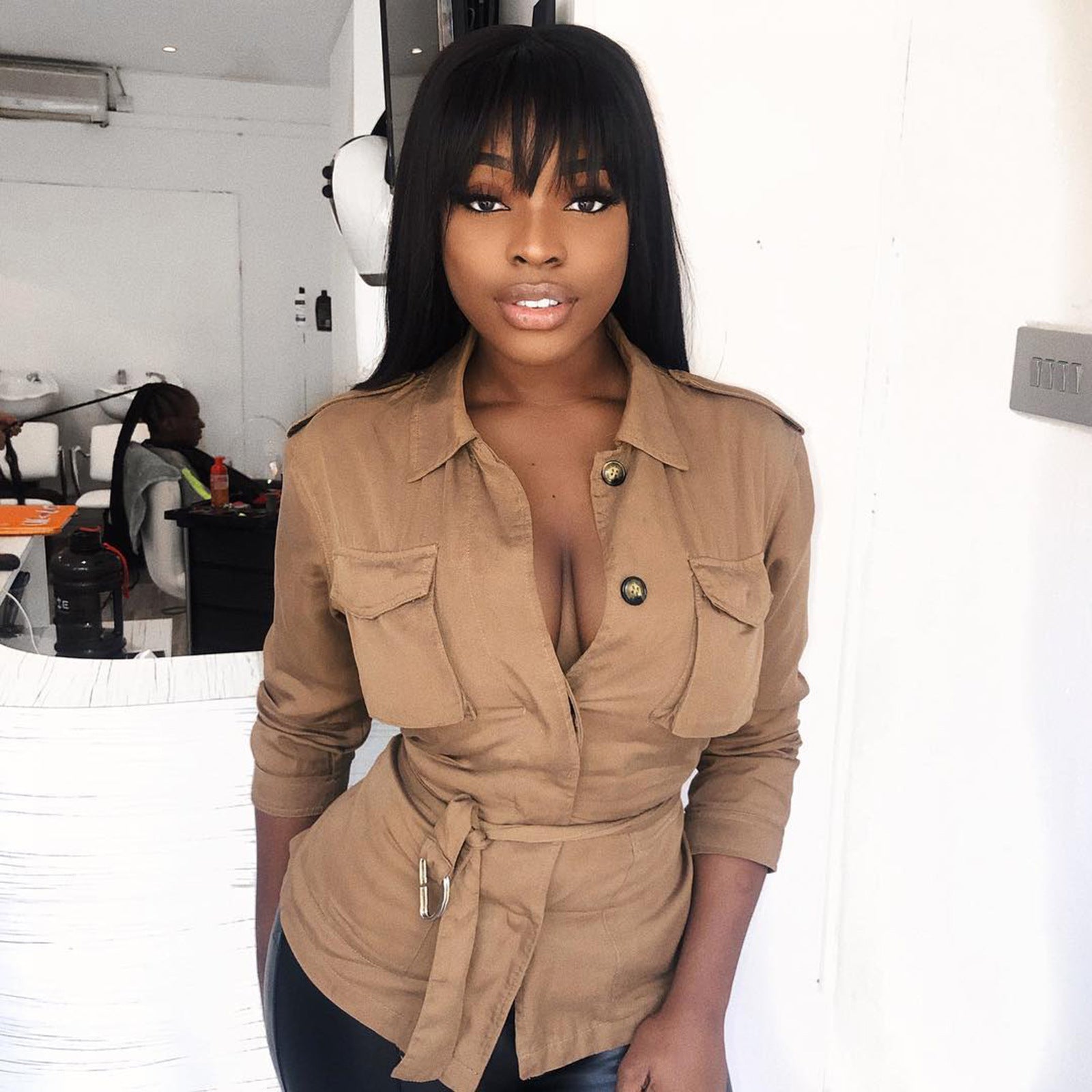 Women's Fashion Stand Collar Solid Color Pocket Shirt With Belt