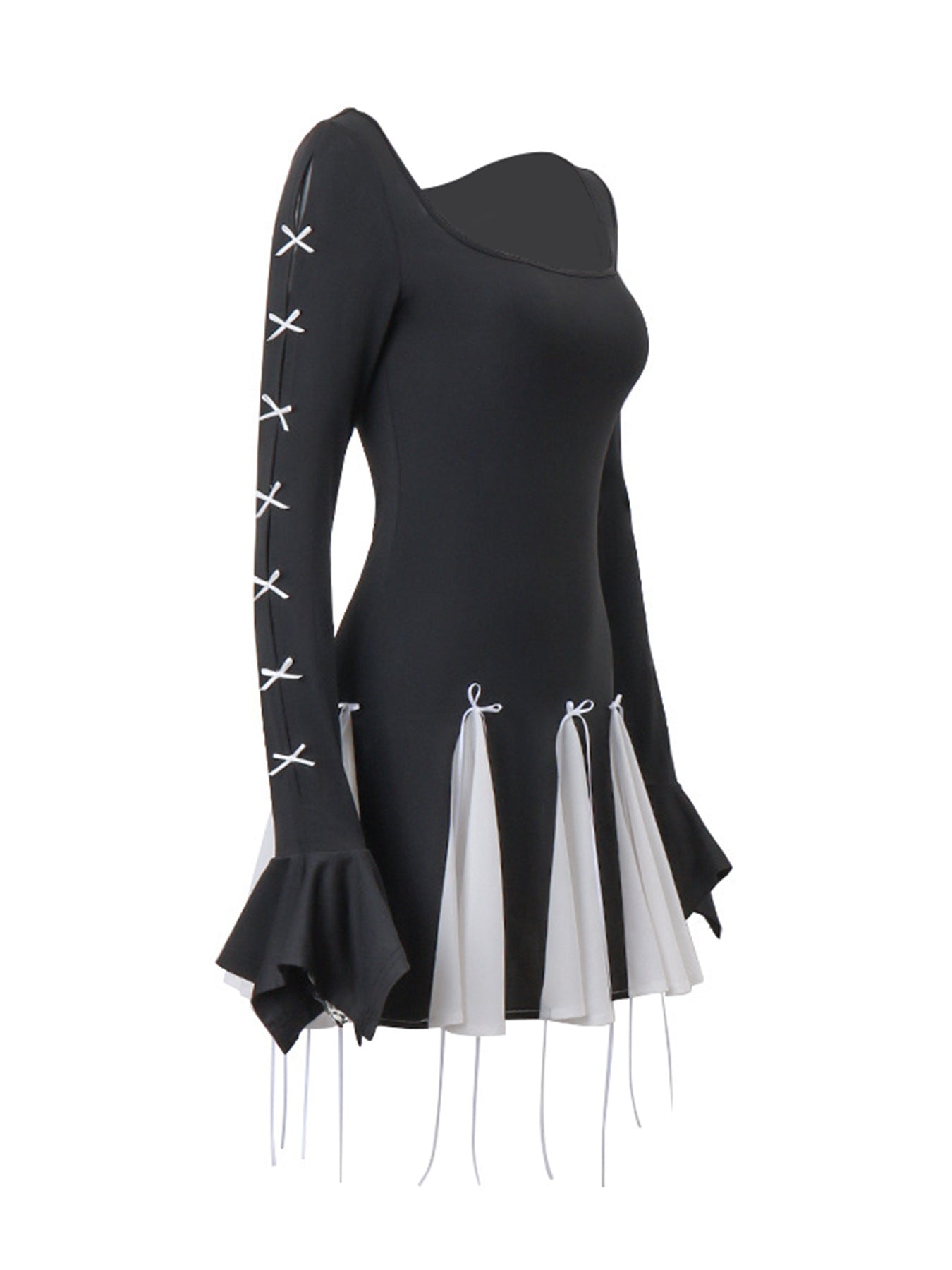 Spring Bow Lace-Up Bell Bottom Long Sleeve Dress 10