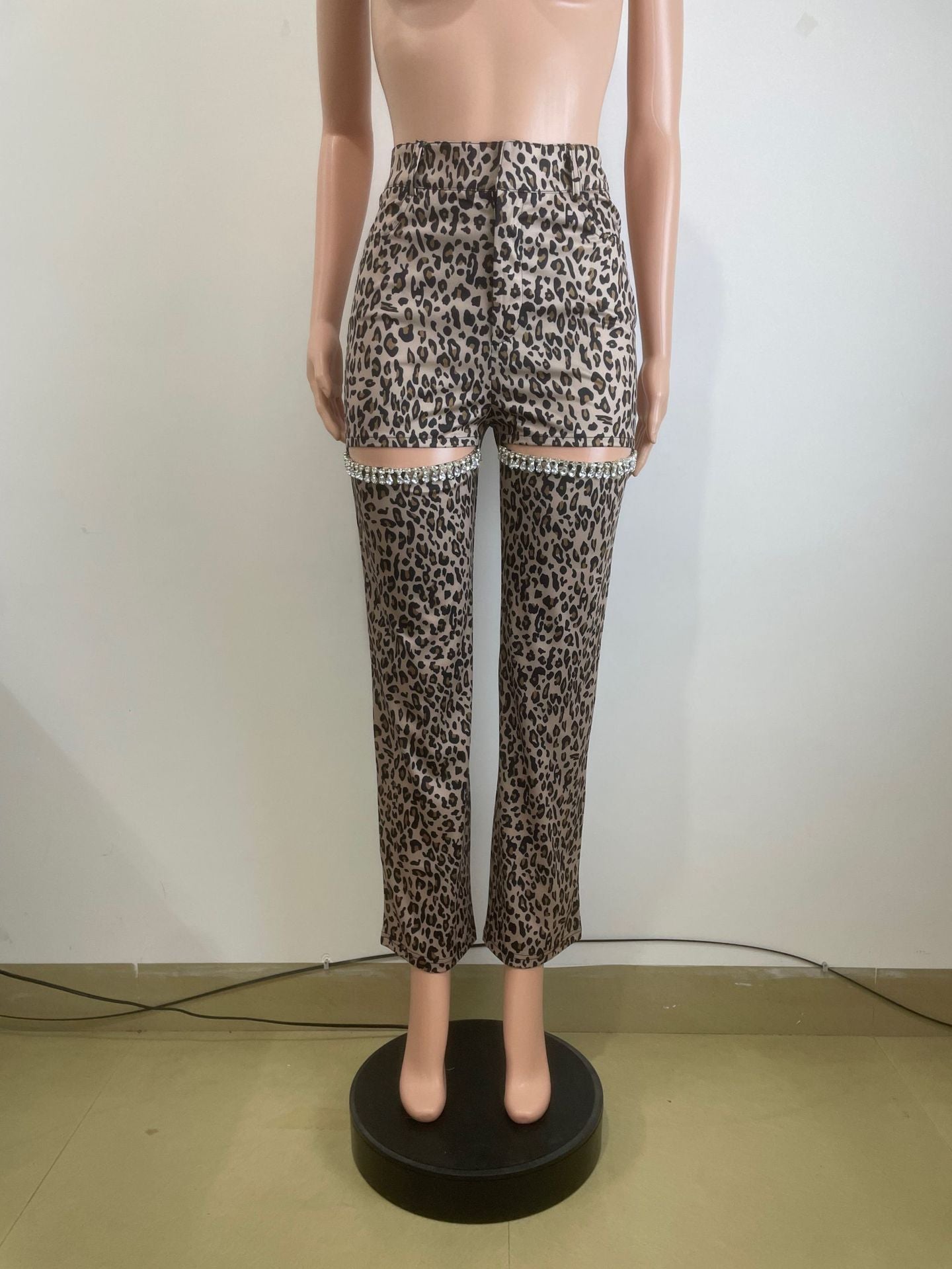 Fashionable High Waist Hollow Leopard Print Diamond Casual Trousers 9