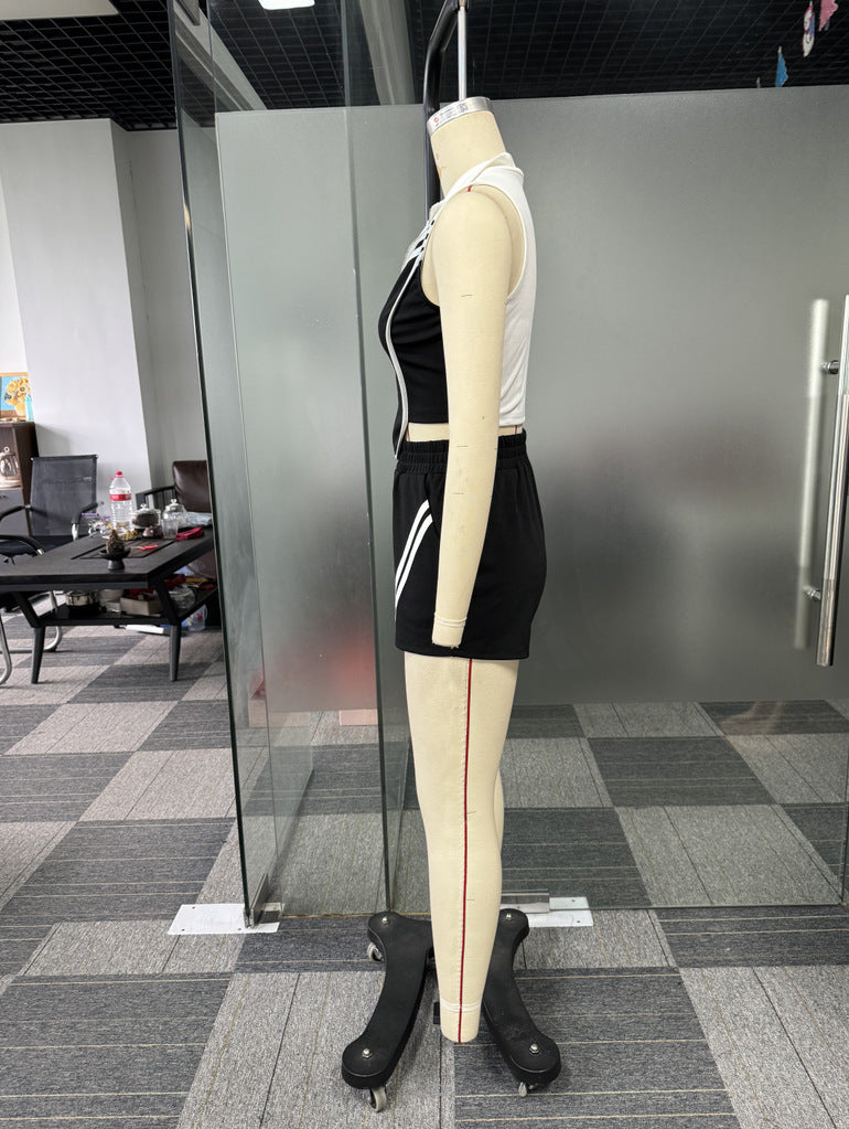 Women Career Casual Striped Patchwork Contrast Color Sleeveless Top and Shorts Sports Two-piece Set 9