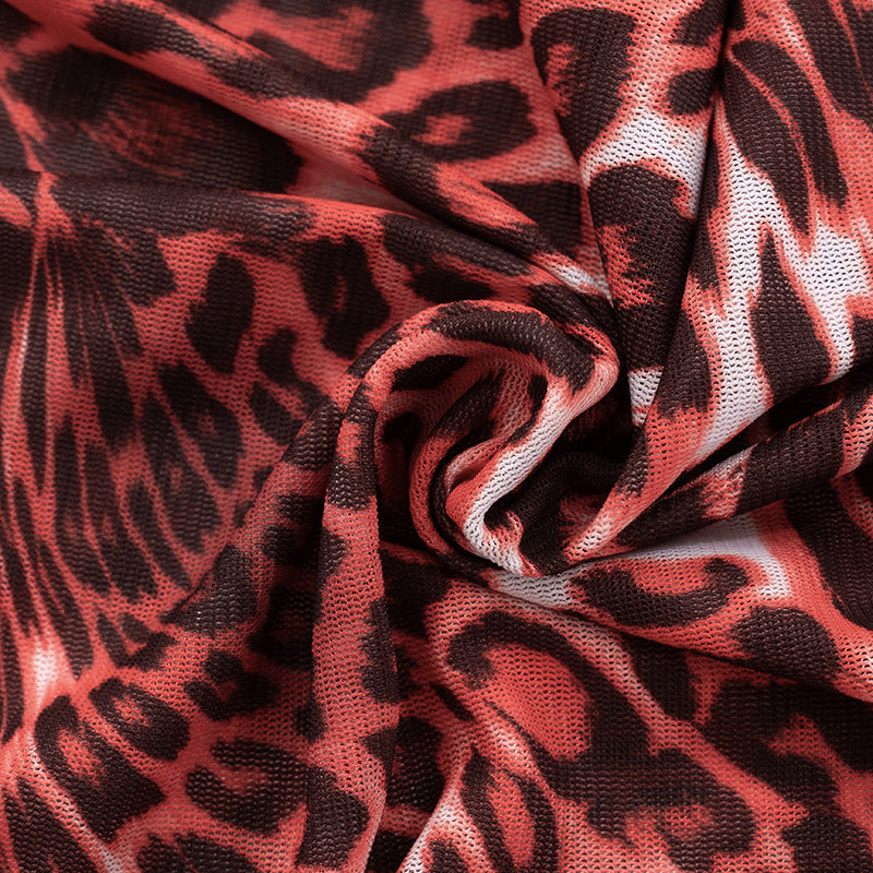 Women Leopard Print Mesh Half High Neck Large Backless Long Sleeve Jumpsuit 22