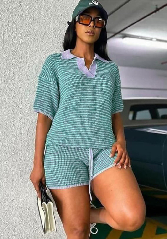 Women's Summer Turndown Collar Short Sleeve Hollow Knitting Top Tight Fitting Shorts Fashion Two Piece Set