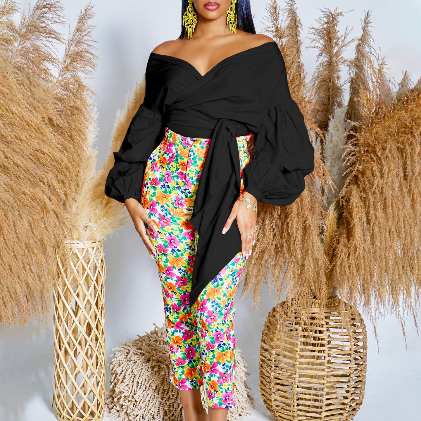 Summer Fashion Solid Color Off-Shoulder Cross Lace-Up Puff Sleeve Sexy V-Neck Shirt African Top