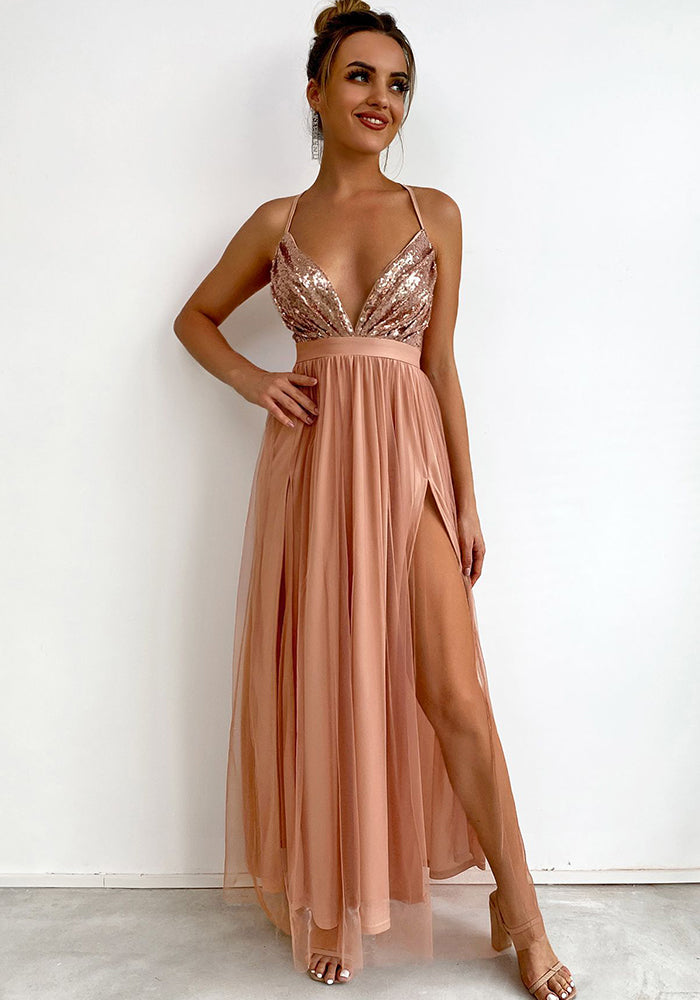 Women Color Block Sequin Mesh Camouflage Dress