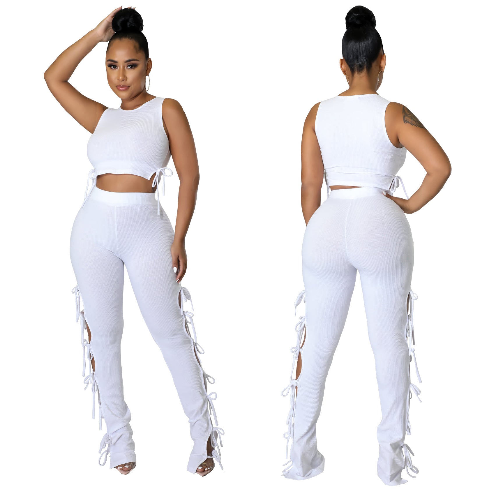 Women's Fashion Summer Style Cutout Tie Solid Color Ribbed Sleeveless Two-Piece Pants Set