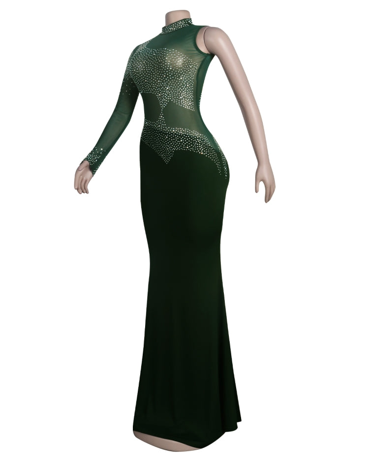 Fall Sexy Green Sequins One Shoulder High Neck Long Dress 5