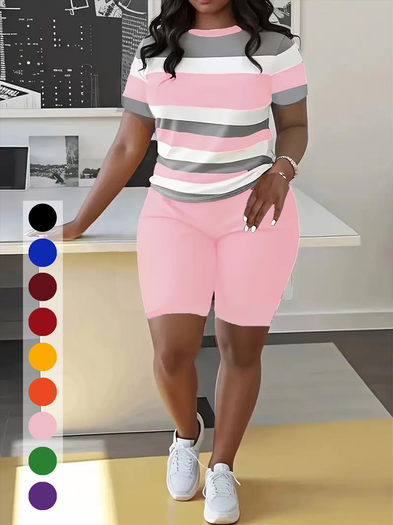 Women's Striped Print Short-Sleeve Sporty Two-Piece Shorts Set 10