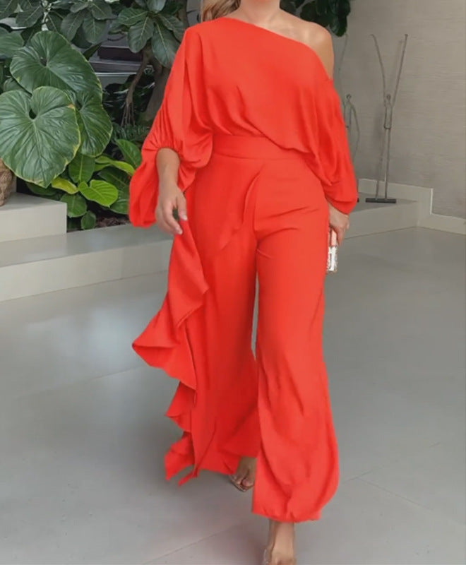 Women Chic Solid Bohemian Loose Slash Shoulder Top and Pant Two-piece Set