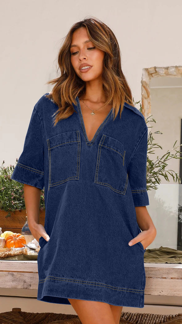 WomenŸ??s Turn-Down Collar Short-Sleeve Loose Denim Dress 3