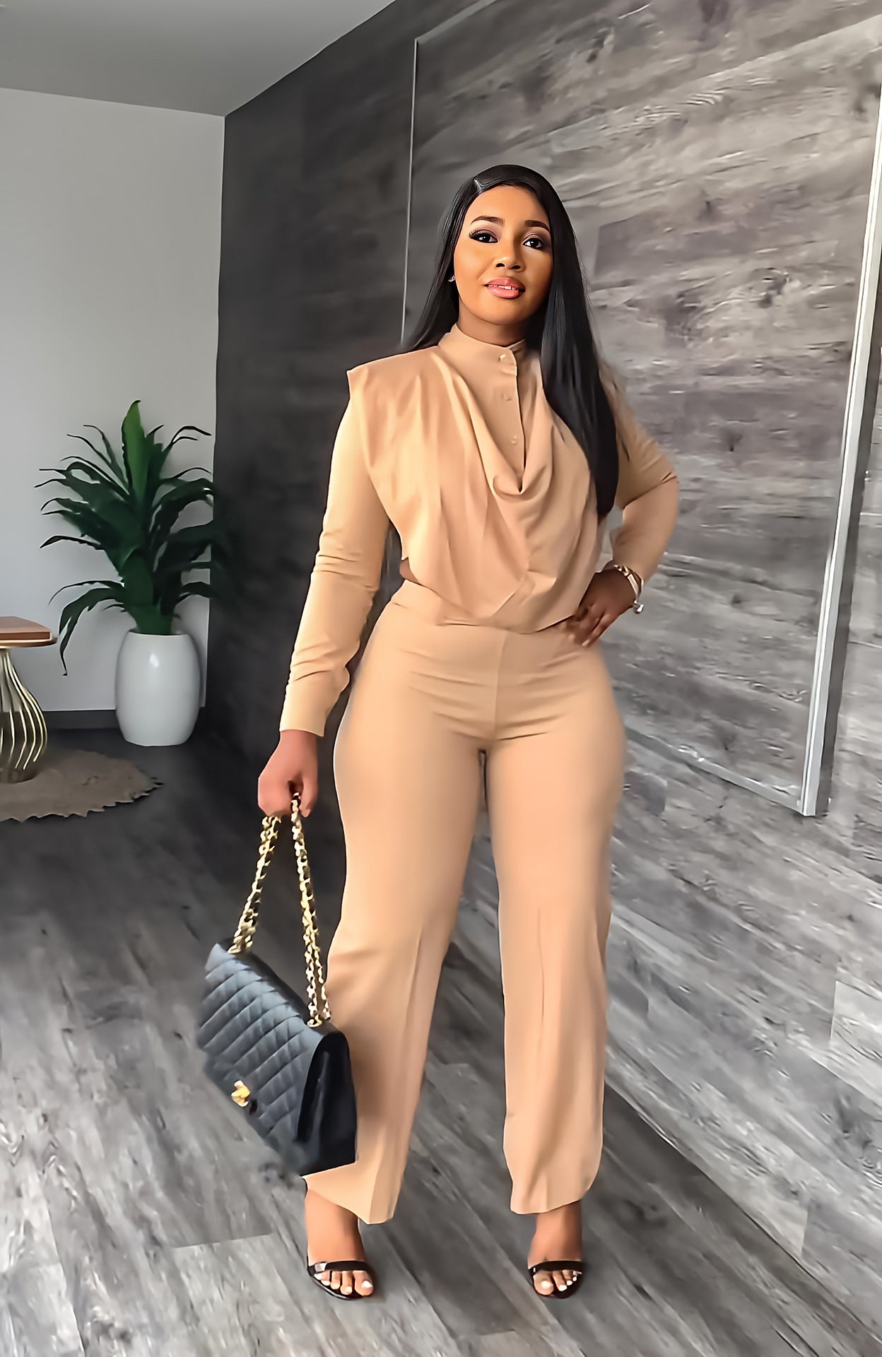 Long Sleeve Cardigan Round Neck Top Slim Pants Business Women's Two Piece 4