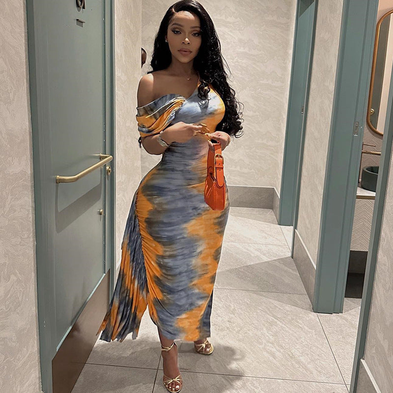 Slash Shoulder Tight Fitting Dress Printed Maxi Bodycon Women Dress 3