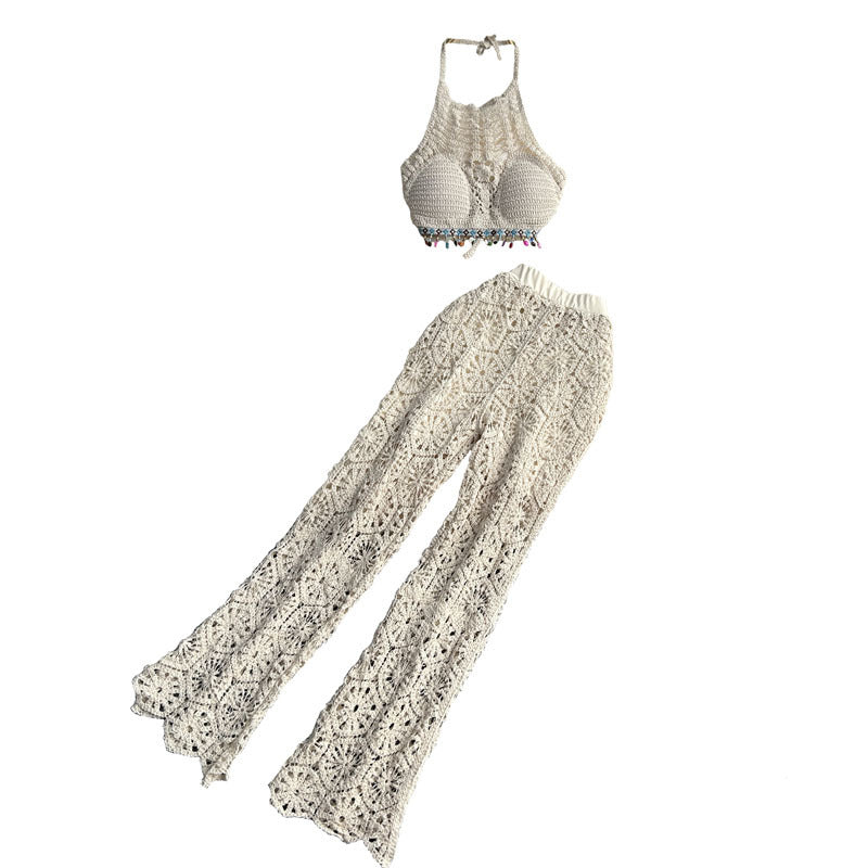 Sexy suspenders Halter Neck vest women's summer suit high waist hollow trousers two-piece set 7