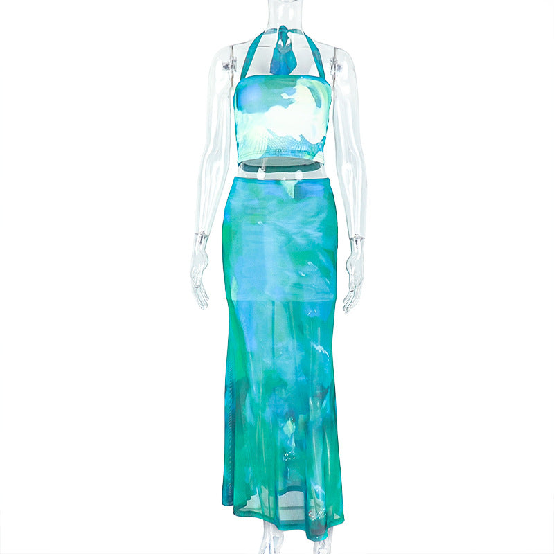 Women's Printed Color-Matching Straps Halter Vest Long Skirt Two Piece Set 8