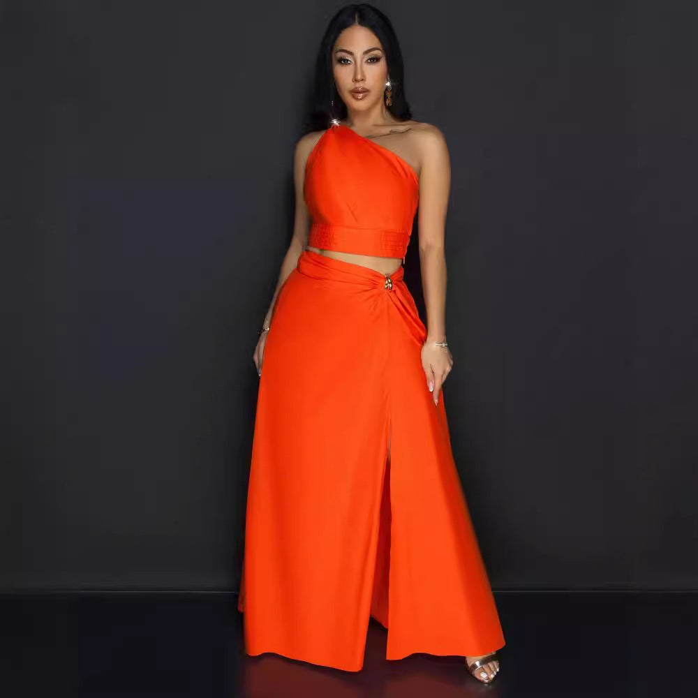 Women Slash Shoulder Slit Sleeveless Top and Skirt Two-piece Set 5