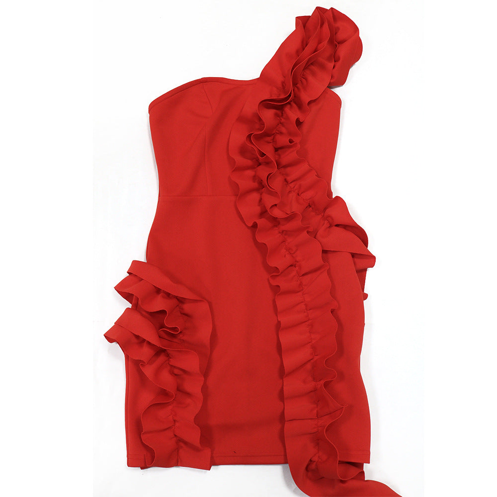Women one shoulder ruffle edge formal party bodycon dress 13