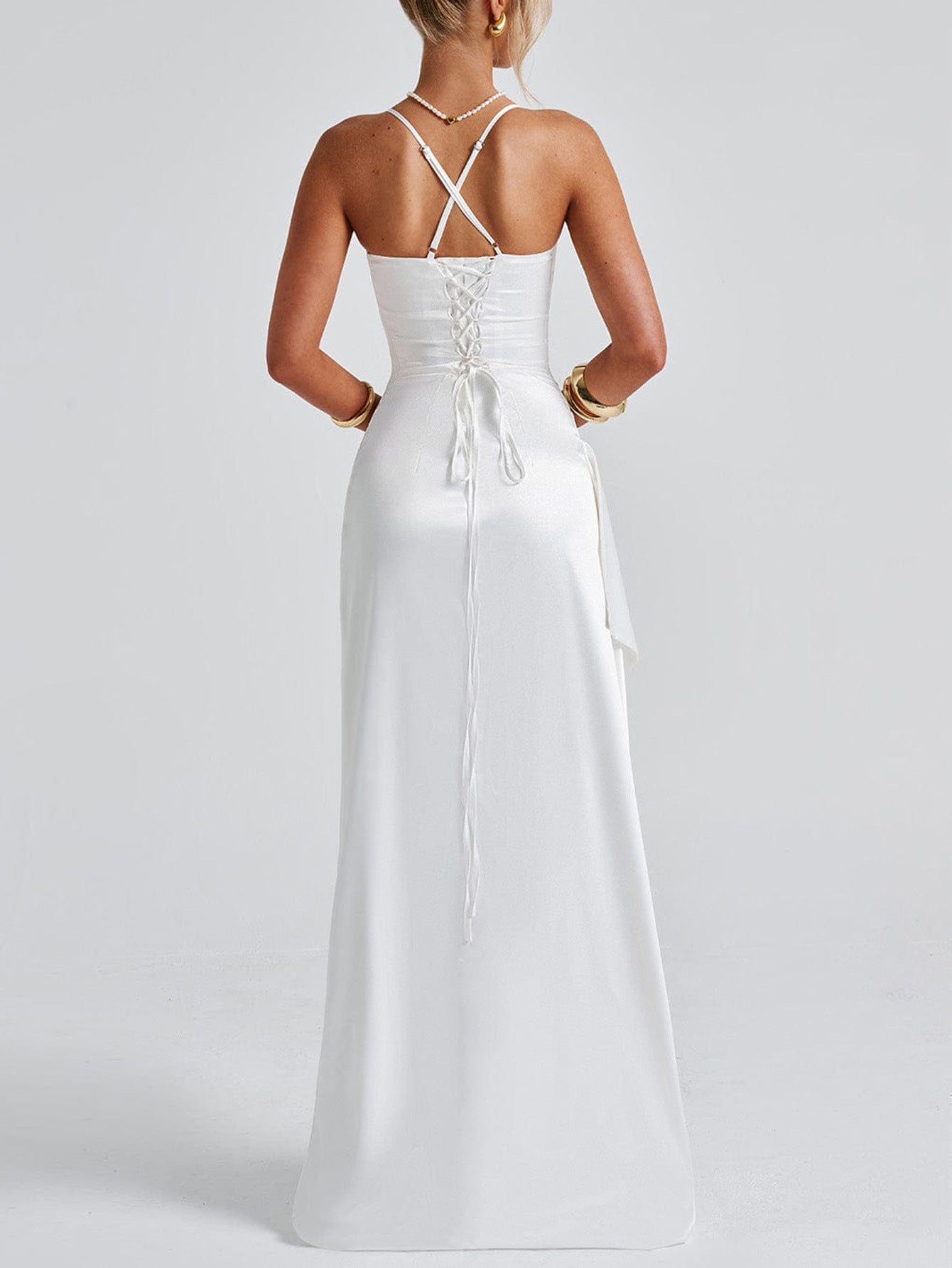 Summer Sexy Slim Slit Straps Satin Long Dress 3