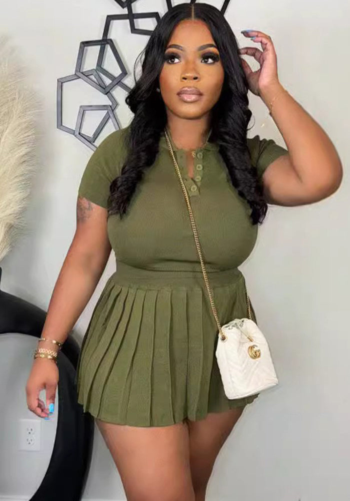 Women's Autumn Winter Turndown Collar Knit Top Pleated Skirt Set