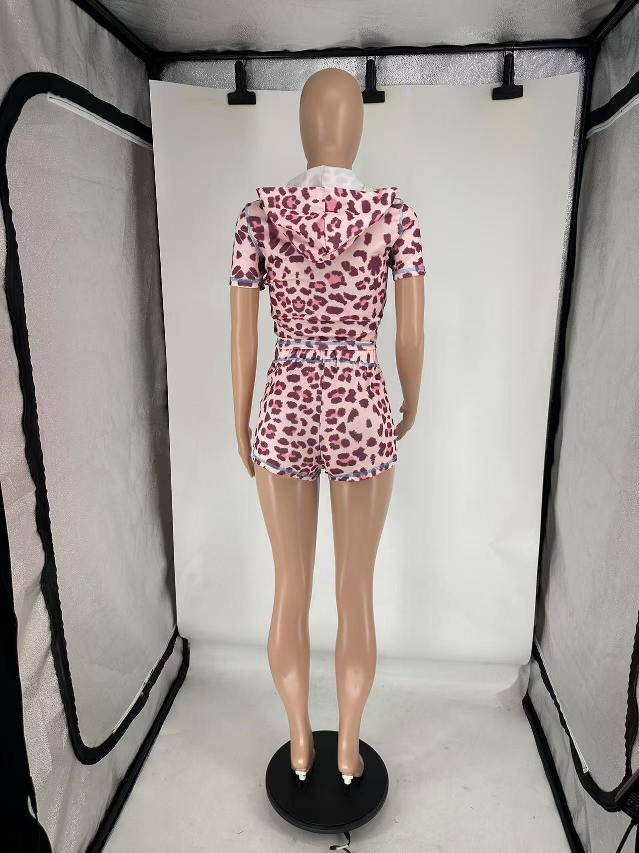 Leopard Print Zip-Up Hooded Tight-Fit Two Piece Shorts Set 12