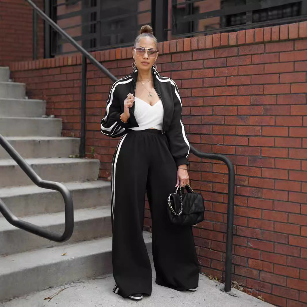 Women Autumn Striped Zipper Casual Top and Pant Set 10