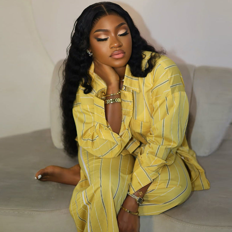 Plus size Women casual loose striped shirt pants Two Piece Set 3