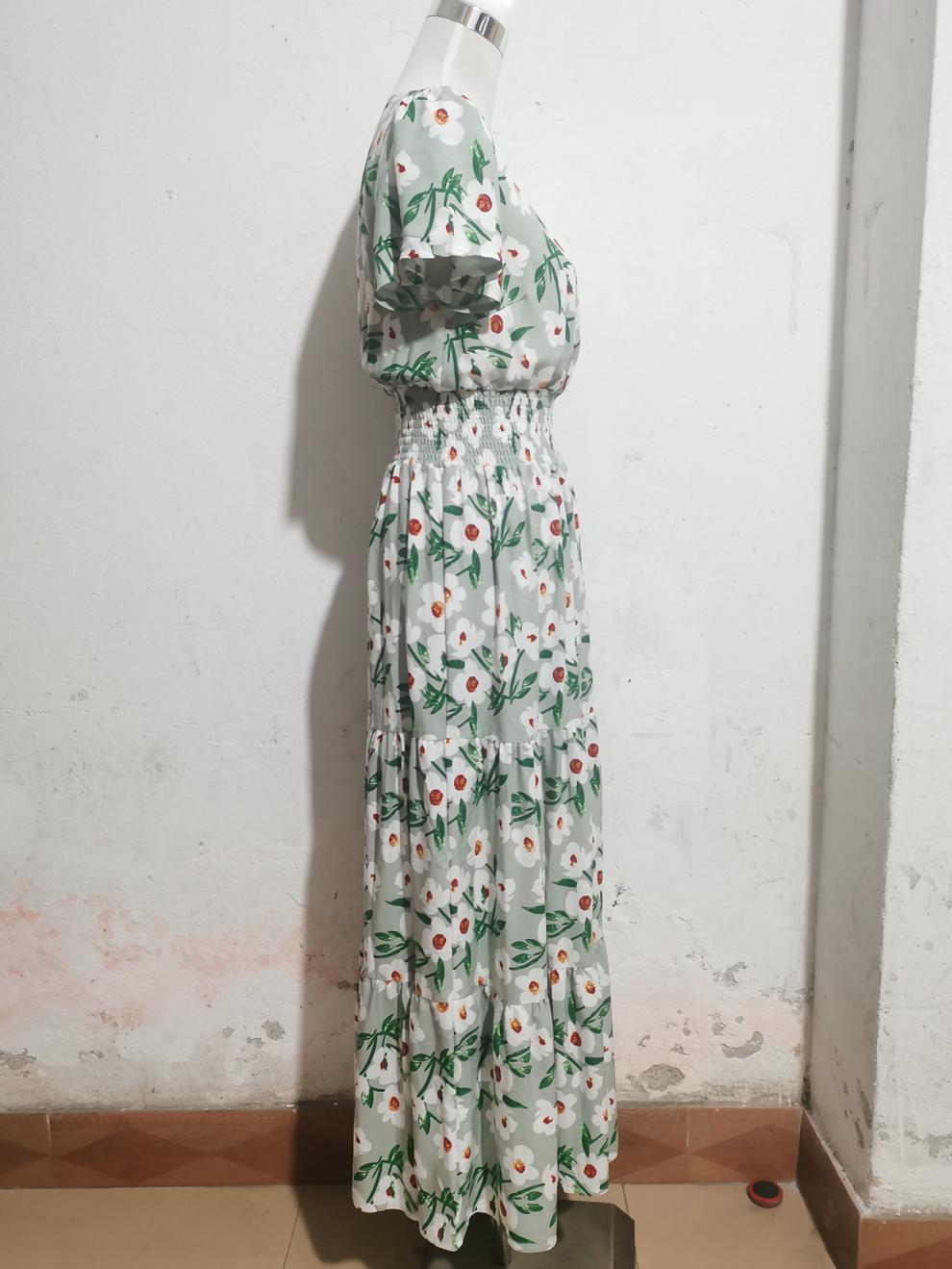 Summer V-Neck Short-Sleeved Print Cotton Dress Women's Fashion Chic Slim Waist Slim Fit Long Dress 11