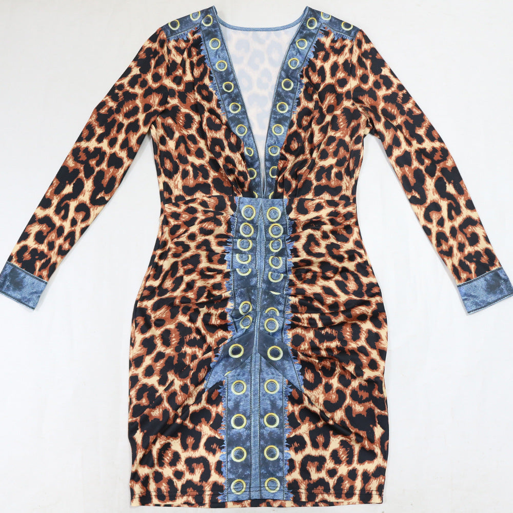 Fashion V-Neck Printed Women's Long Sleeve Bodycon Dress 9