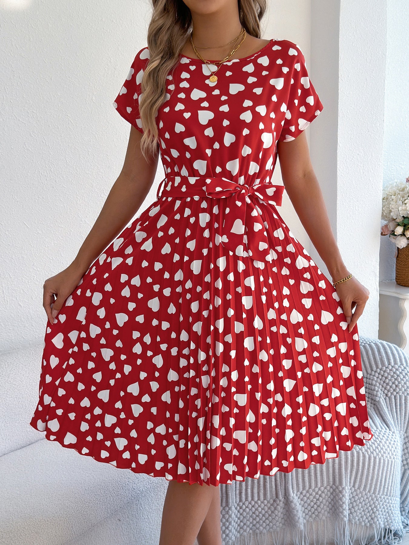 Women Spring and Summer Casual Contrast Heart Print Short Sleeve Pleated Dress 3
