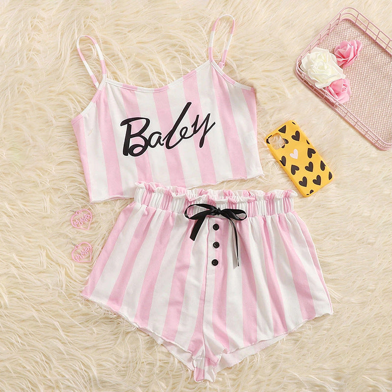 Women Letter striped camisole and shorts loungewear two-piece set 7