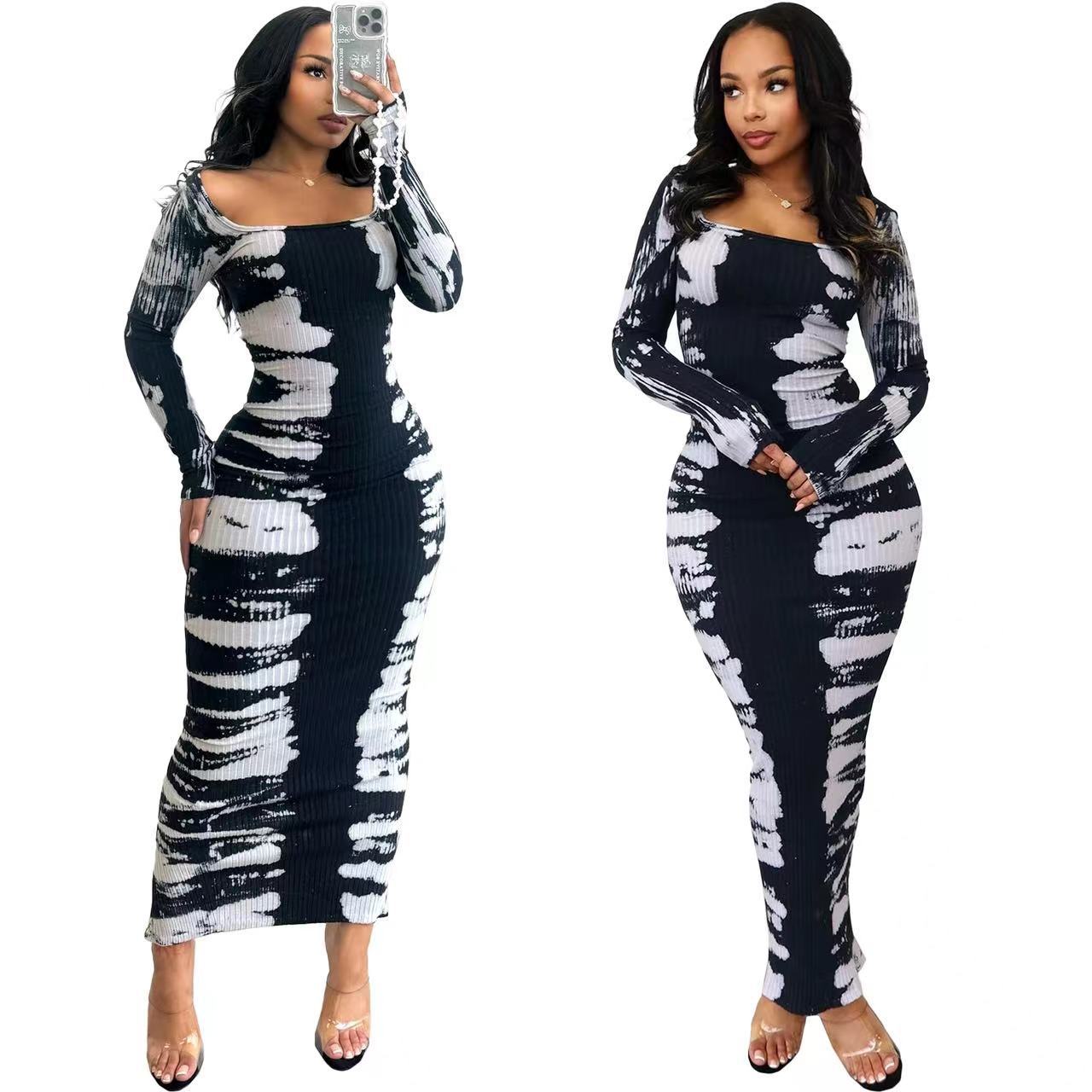 Women Spring Ribbed Printed Back Slit U-Neck Dress 7