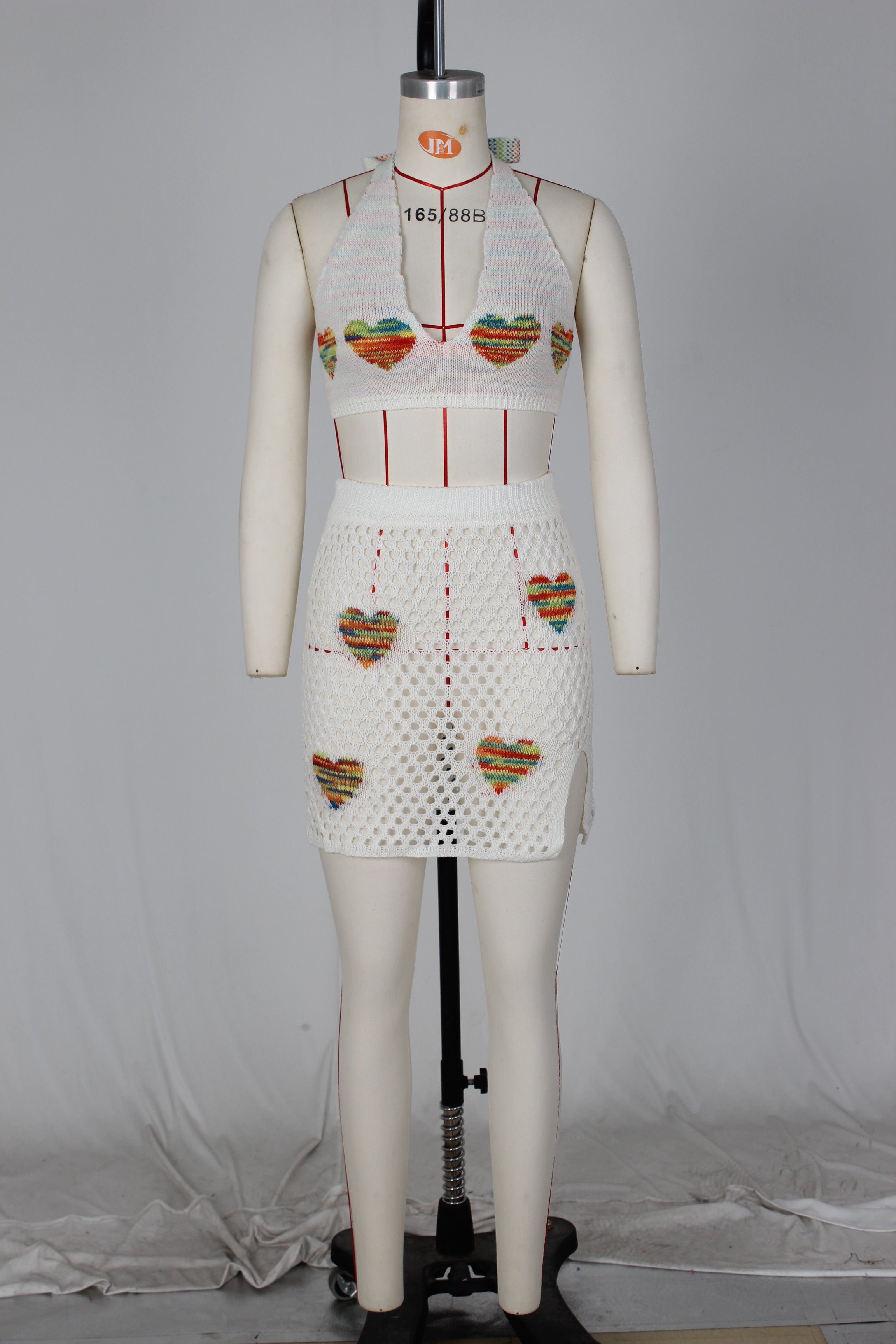 Women's Sexy Heart Print Jacquard Hollow Knitting Beach Fashion Two Piece Skirt Set 30