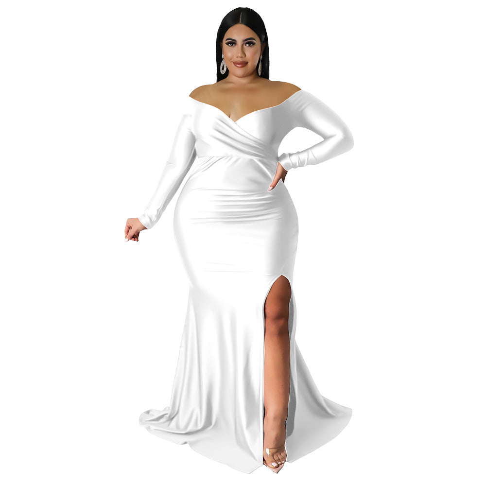 Autumn And Winter Plus Size Women'S Sexy Dress Nightclub V-Neck Solid Color Split Long Dress 11