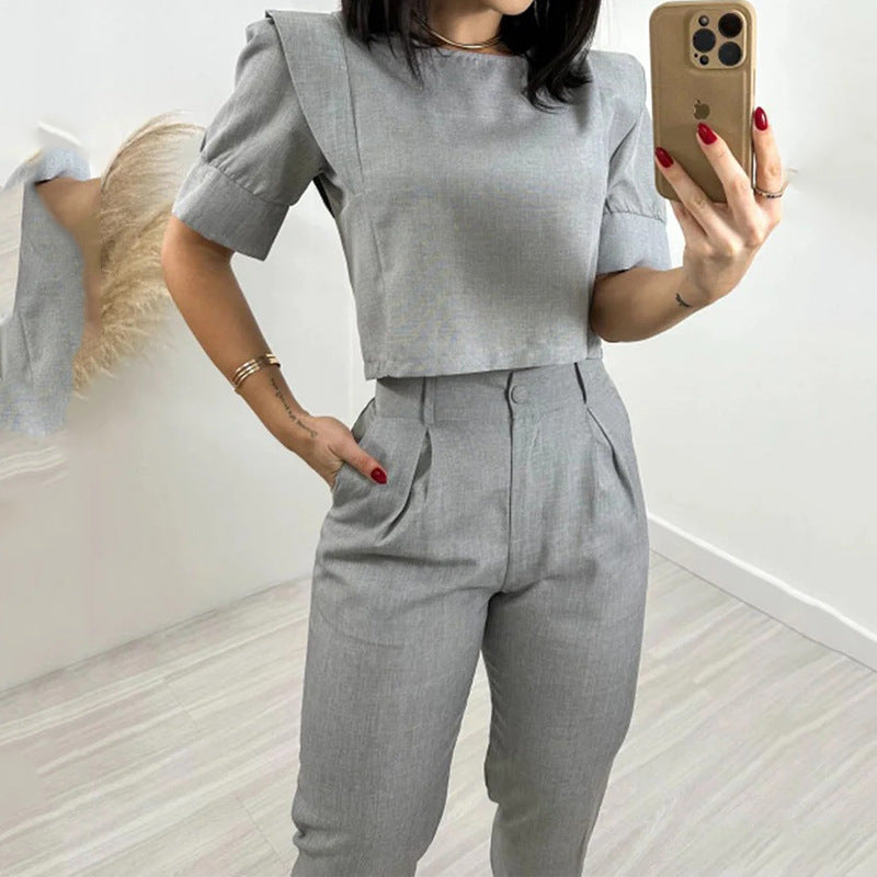 Short-Sleeved Top Pants Casual Solid Color Two-Piece Set 4