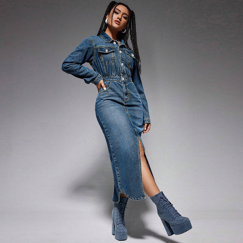 Women's Turndown Collar Button Long Sleeve Slit Denim Long Dress 4