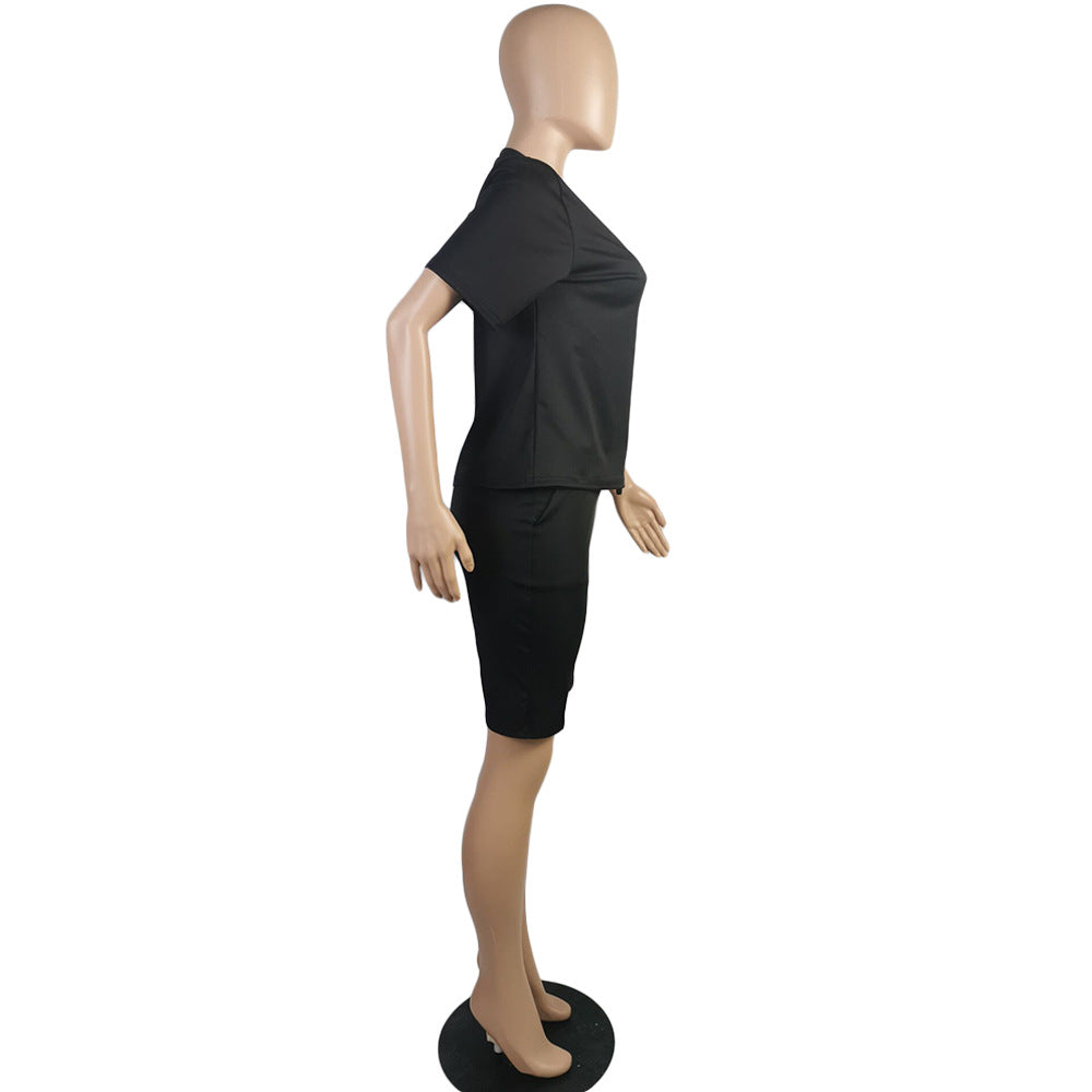 Women Clothing Solid V-Neck Tshirt+Pocket Shorts Two-Piece Set 17