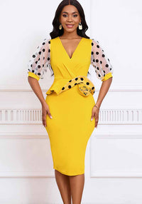 Women Summer mesh flocked puff sleeves V-neck Bodycon dress