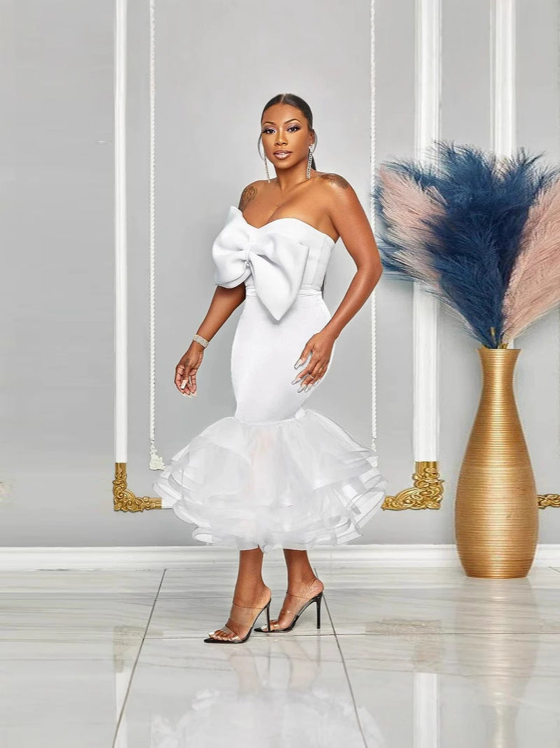 Women Sexy Contrast Strapless Off-Shoulder Bowknot Mesh Bodycon Skirt Two-Piece Set 4