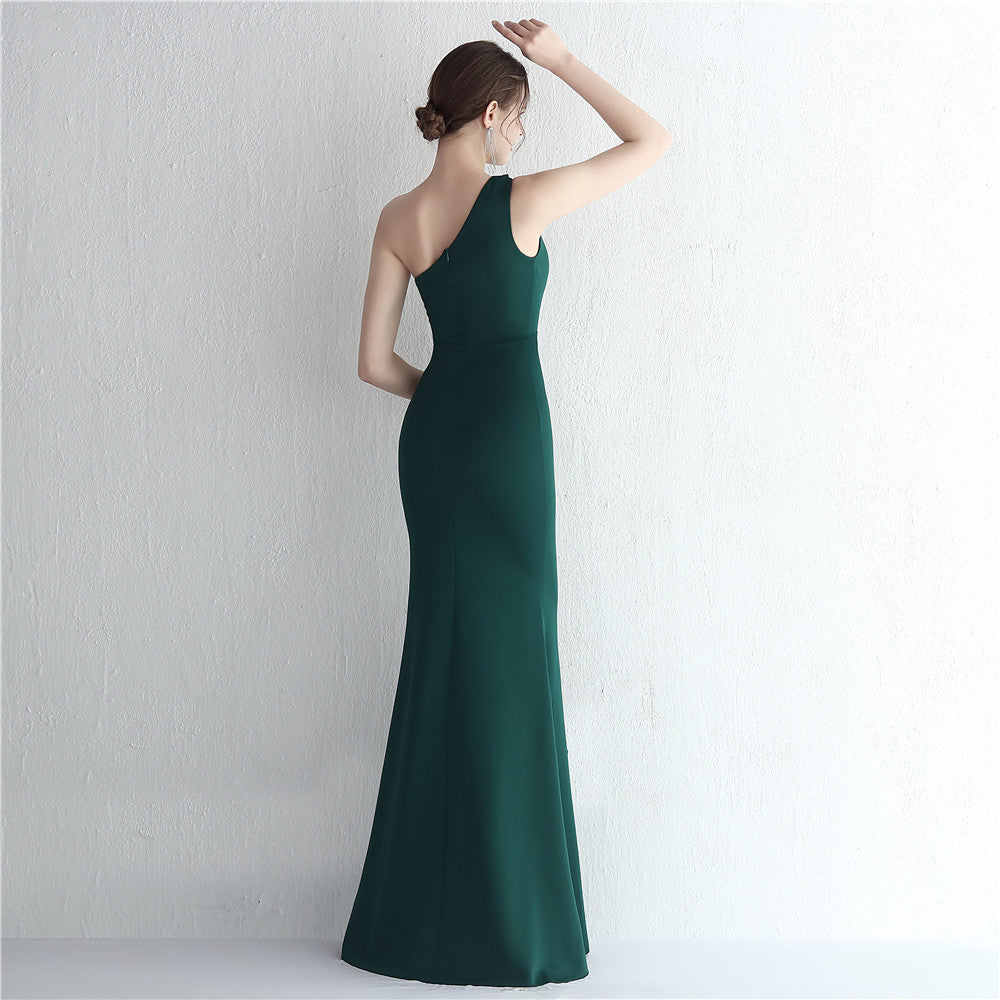 Satin Slim One Shoulder Long Celebrity Dinner Slim Fit Fishtail Dress Wedding Car Model Exhibition Dress 8