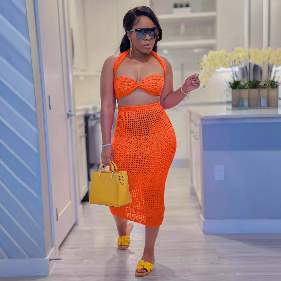 Women's Sexy Knitting Strapless Two Piece Skirt Set 3