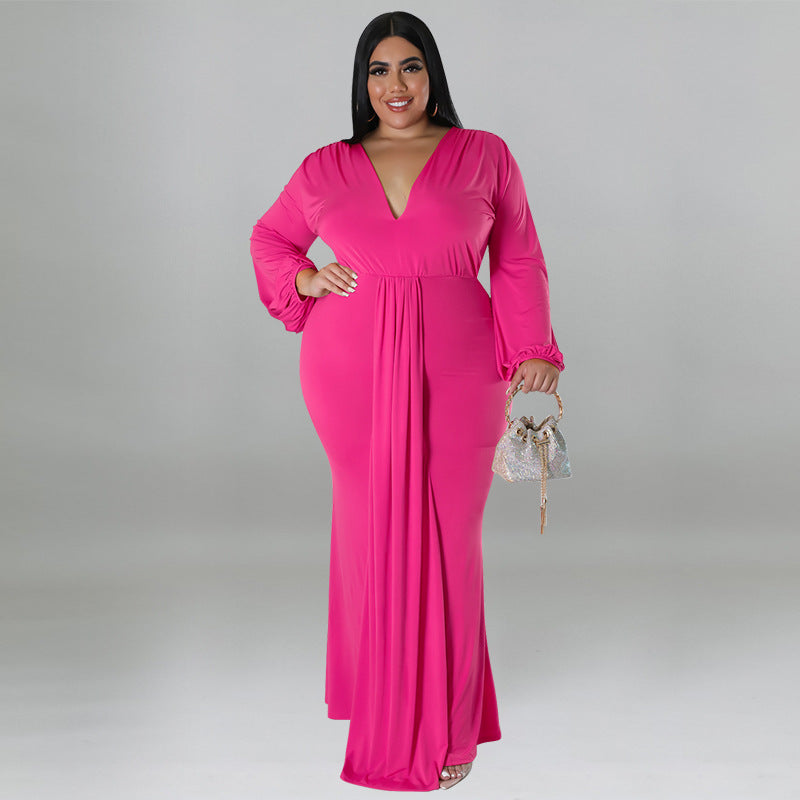 Plus Size Women's Solid Color Sexy Deep V Neck Long Sleeve Pleated Dress 11
