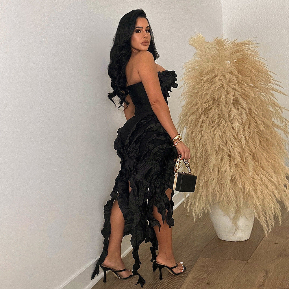 Strapless Solid Color Dress Sexy Irregular Fringed High Slit Dress 5